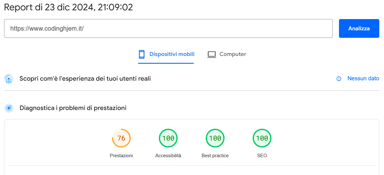 Page speed insights report for Coding Hjem